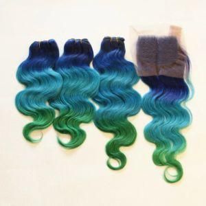 Body Wave 3tone Non Remy Human Hair Weft Green/Blue Ombre Hair