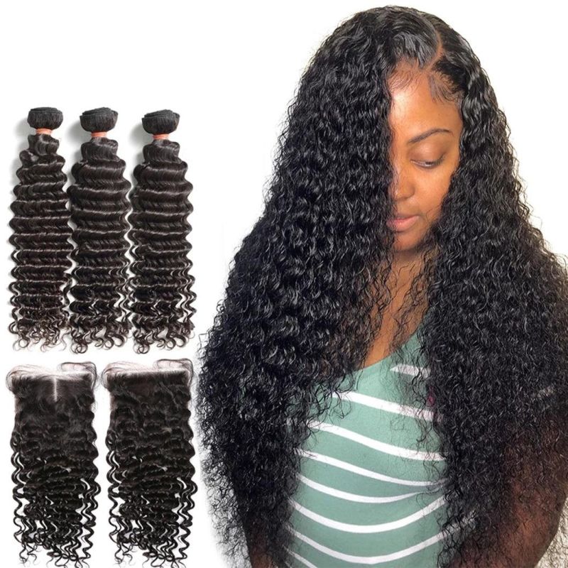 Deep Wave Bundles with Closure Brazilian Curly 100%Human Hair Water Wave Bundles Weave and Lace Frontal Remy 32 Inches