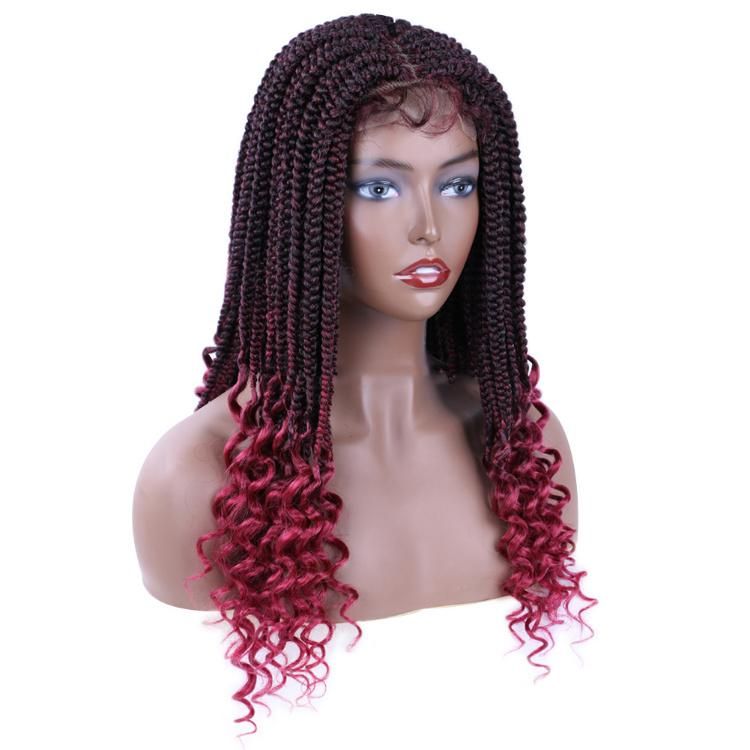 18inch Long Curly Heat Resistant Natural Full Handmade 4X4 Lace Front Synthetic Braids Wig