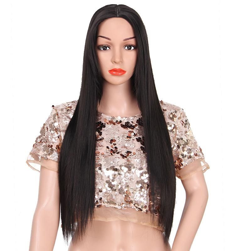 Women′ S Long Straight Hair Wigs Synthetic Middle Part Black Wig Black Color 24inch