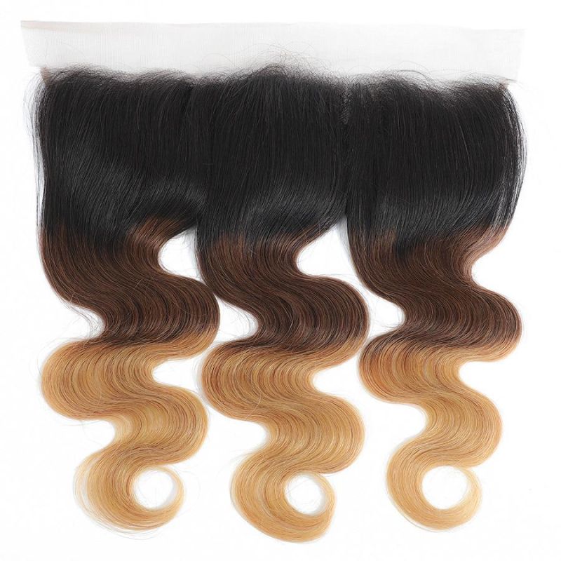 Brazilian Body Wave Human Hair Bundles with Lace Frontal Closure Ombre Brown 3 Tone 1b/4/27 Colored Human Hair Weave Bundle with Frontal Remy Hair Weaving