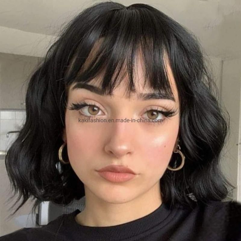 Kakifahion Hair Short Bob Black Wig with Neat Bangs Body Wave Heat Resistant Synthetic Fiber Wigs