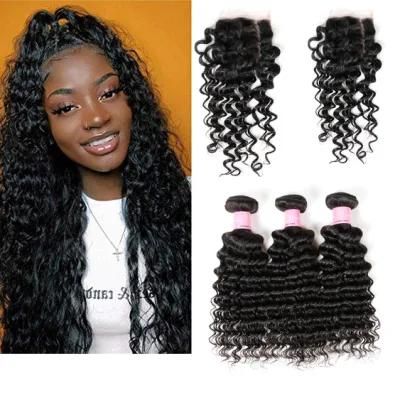 Brazilian Deep Wave Virgin Hair 3 Bundles with 4X4 Lace Closure