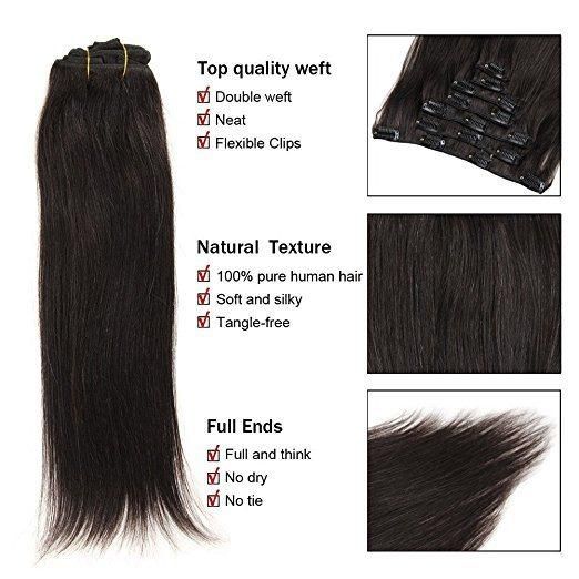 100% Human Hair Clip in Hair Extension 8pieces 20clips for Full Head Set Clip in Human Hair (AV-CH100-18-1B)