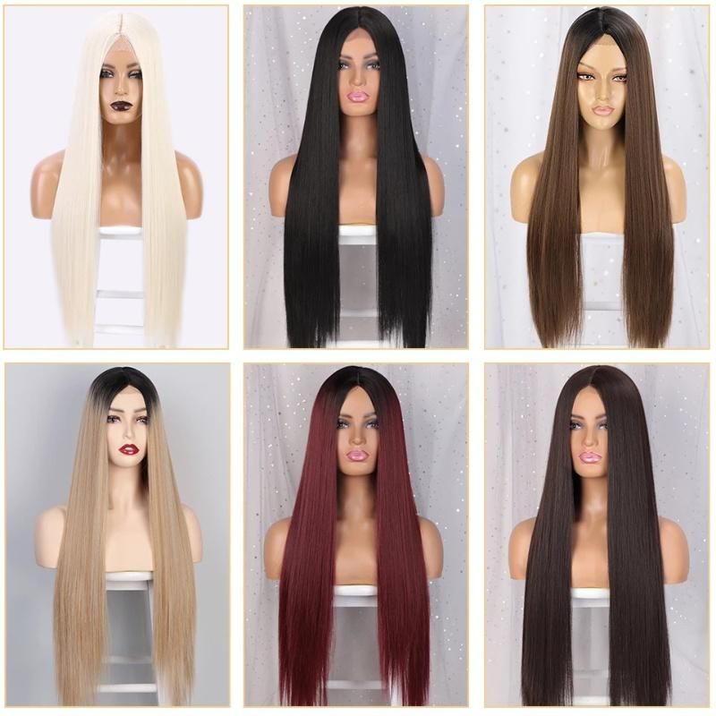 Vendors Price 28 Inches Heat Resistant Wigs Wholesale Middle Part Long Straight Synthetic Hair Wig with Lace Front