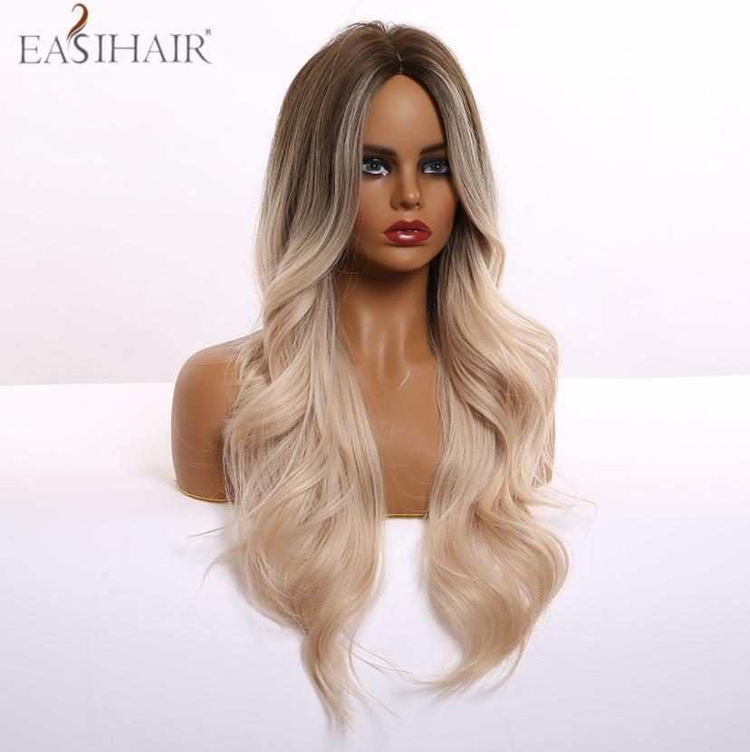 Freeshipping Ombre Brown Light Blonde Platinum Long Wavy Middle Part Hair Wig Cosplay Natural Heat Resistant Synthetic Wig for Women Dropshipping Wholesale