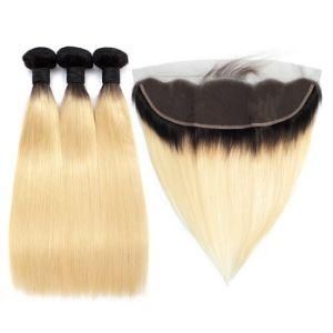 Ombre 1b /613 Bundles with Frontal Blonde Brazilian Straight Human Hair Weave