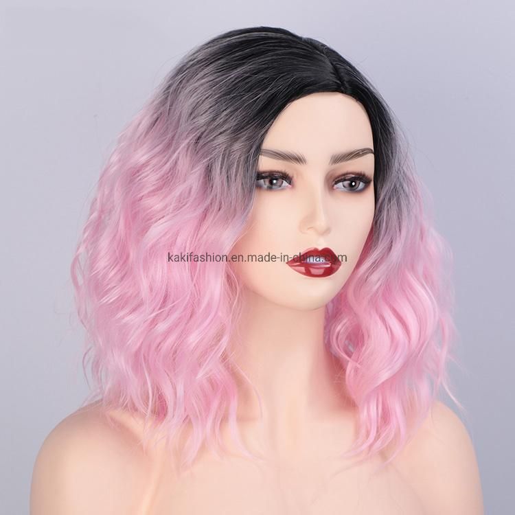 Kakiifashion Hair 14 Inch Vendor Cheap Wholesale Cosplay Curly Water Wave Ombre Pink for Black Women Synthetic Hair Wigs