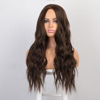 Synthetic Hair Long Water Wave Ombre Dark Brown Middle Part Wigs for Women Natural Party Heat Resistant