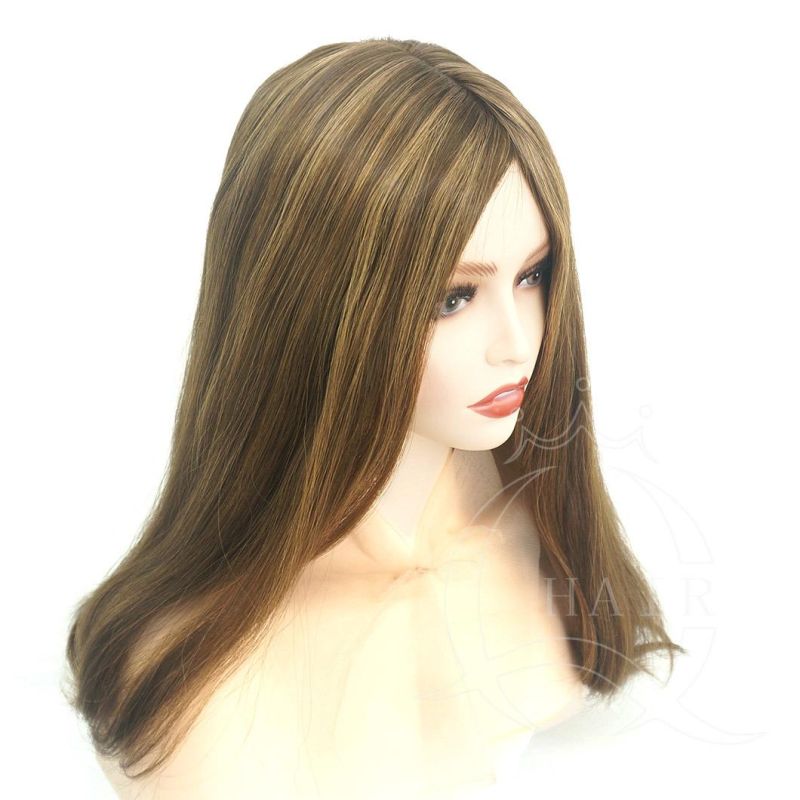 Big Layer Dark Brown Color Wig with Highlight Color Human Hair Wig Custom Wig for Israel Jewish Hasidic Women Kosher Wig Skin Top Wig Front Lace Can Be Adjust