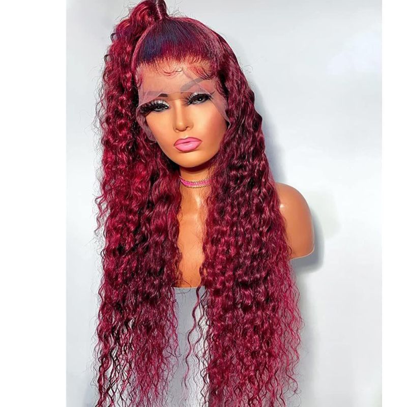 28′′ Lace Wig Loose Curly Lace Front Wigs Dark Red Long Water Wave Synthetic Wig with Baby Hair Hairline