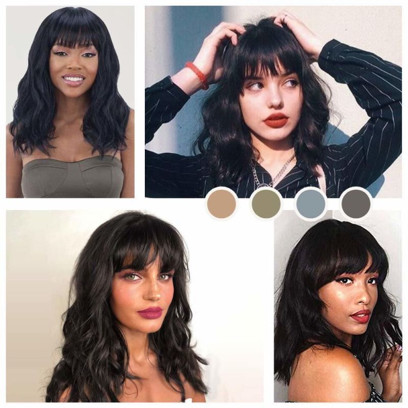 Short Black Wavy Bob Wig with Bangs for Women 16 Inches Natural Synthetic Hair Wavy Wigs