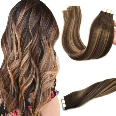 20PCS 50g Human Hair Extensions Tape in Ombre Chocolate Brown to Caramel Blonde Natural Hair Extensions Tape in Real Hair Straight 16 Inch