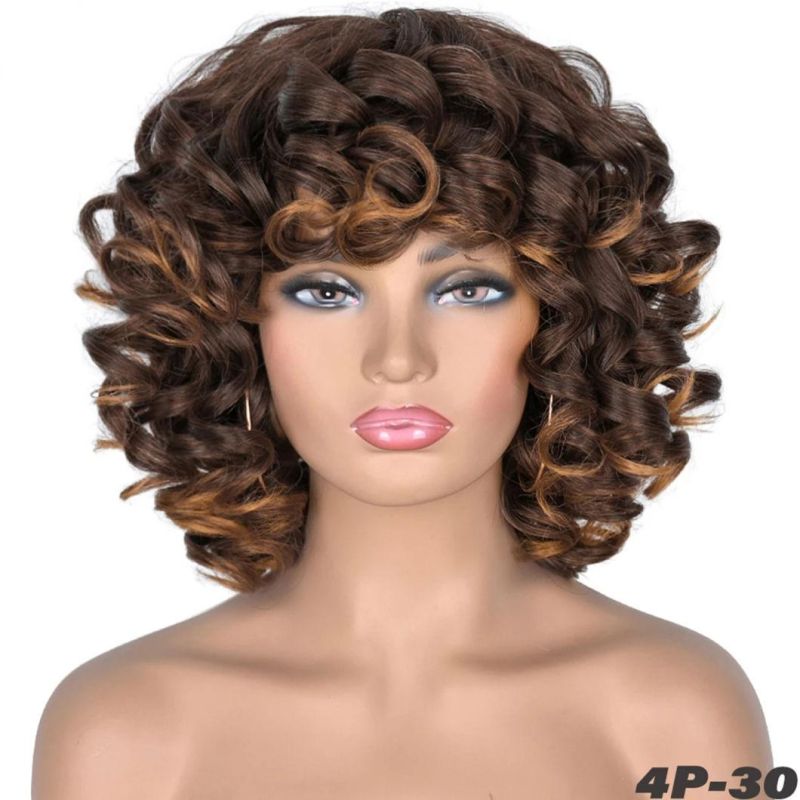 Super Short Hair Brazilian Human Hair Afro Curly Wig with Bangs Loose Fluffy Shoulder Length Natural Lace Front Wigs for Black Women 14 Inches