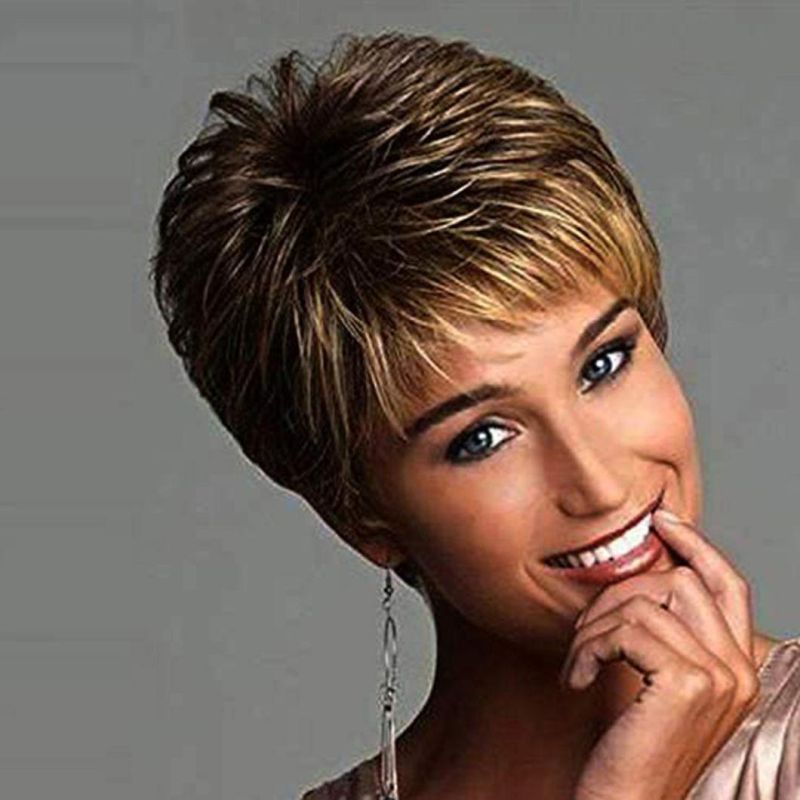 Wig for Women Synthetic Short Straight Hair with Bangs Natural Light Gold Daily Use Heat Resistant Fiber Wigs