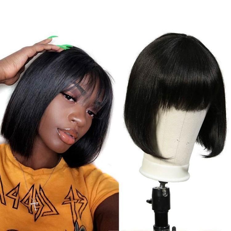 Virgin Human Hair 1b Coloured Straight Hair Wig with Bang Machine Wig
