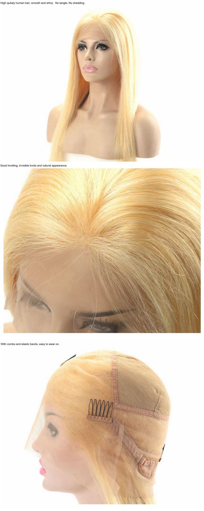 100% Remy Human Hair Straight Blonde Natural Front Full Lace Wig for Lady