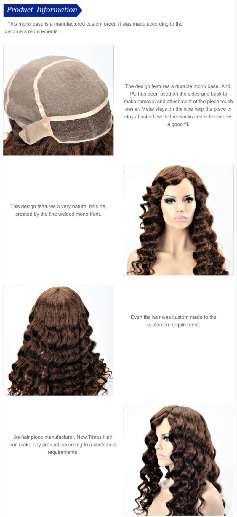 Custom Women′s Mono Base with Fine Welded Mono Front Human Hair Wig