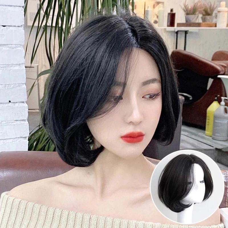 Bob Wig Female Short Hair Human Brazilian Hair Wig with Lace Front Inner Buckle Pear Flower Roll Bob Head Wigs Cover Fluffy Natural Black Wigs