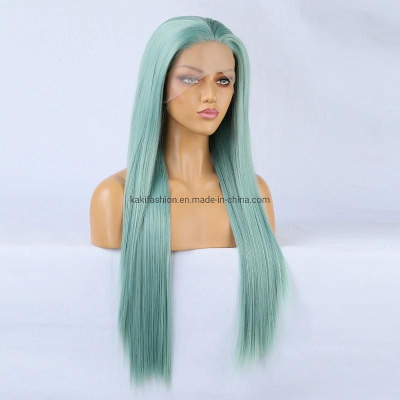 China Front Lace Big Lace Lady Synthetic Fiber Long Straight Green Wig