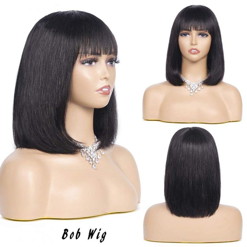 Short Bob Wigs with Bangs Brazilian Straight Human Hair Wigs Lace Front 4X4 Wigs Human Hair 150% Density Bob Wigs for Black Women Natural Color 12 Inches