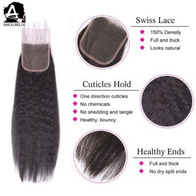 Angelbella 100% Mink Brazilian Human Hair Closure Kinky Straight 1b# Lace Closures