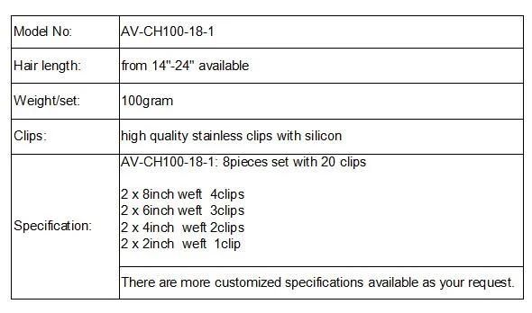 Wholesale Price Clip in Hair Extensions 8pieces 20clips for Full Head Set Clip in Human Hair (AV-CH100-18-2)