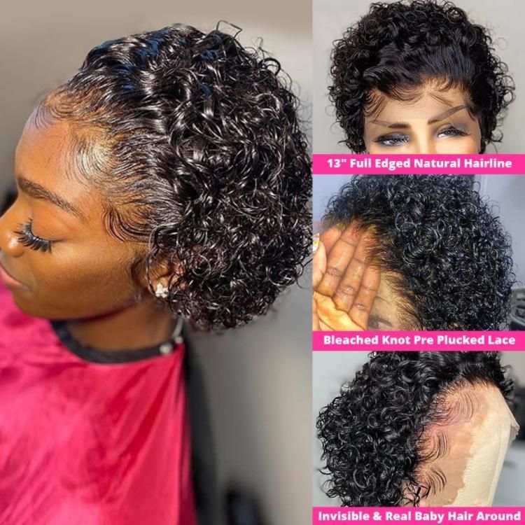 13*1 8 Inches Short Curly Human Hair Pixie Cut Wig Lace Front Human Hair Wigs for Women Natural Black Women Hair Dropshipping Wholesale