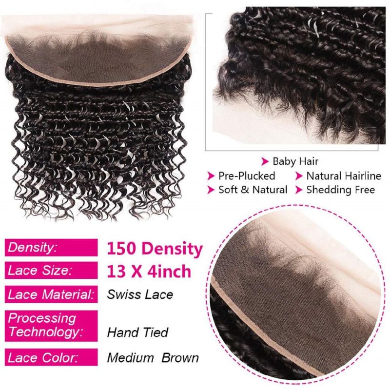22inch Brazilian Deep Wave Lace Frontal Closure 13X4 Ear to Ear Free Part Swiss Lace Frontal 100% Unprocessed Brazilian Virgin Human Hair Natural Color