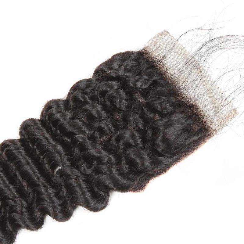 7A Virgin 4*4 Non-Remy Lace Frontal Closure Deep Wavy Free Part Hair Weave #Black