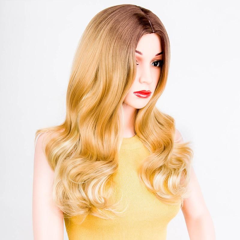 24 Inch Golden Body Wavy Synthetic Long Wigs Machine Made Human Hair for Women