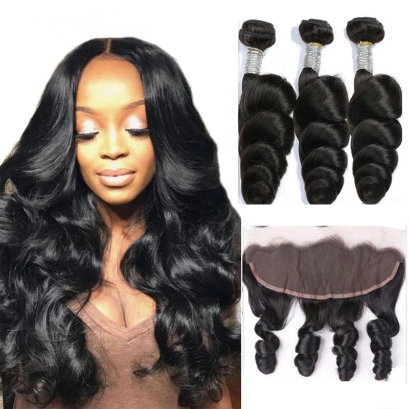 Brazilian Loose Wave Bundles with 13X4 Lace Frontal Remy Human Hair 3 Bundles with Frontal Closure Natural Color Hair Extension for Black Women