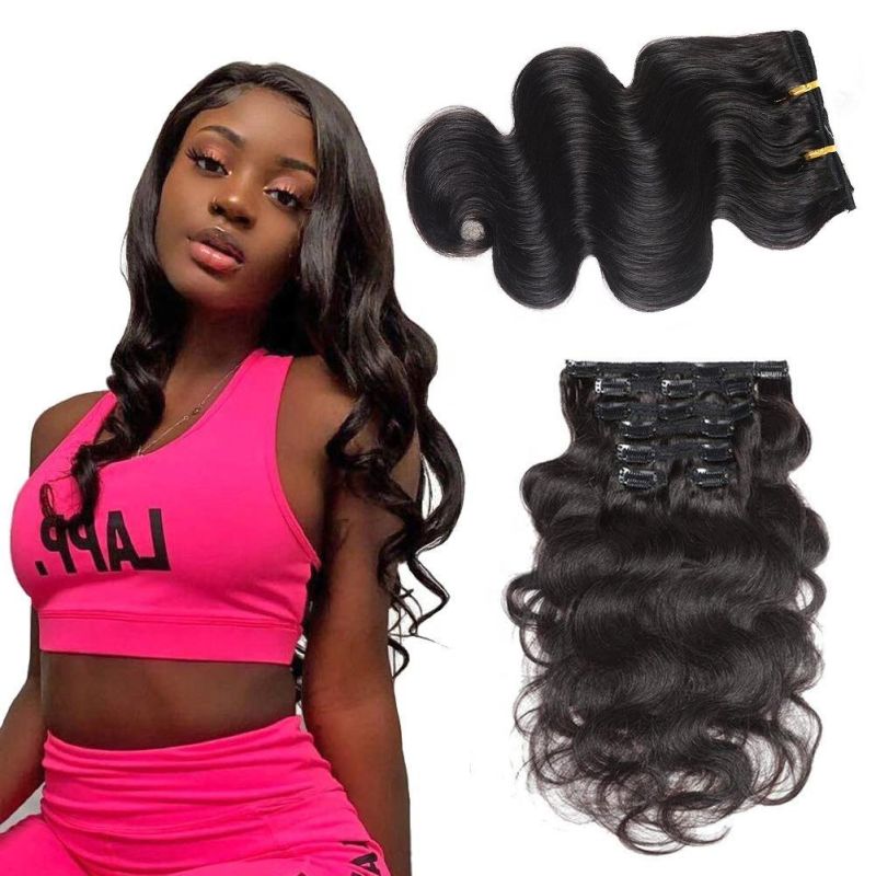 Kbeth Human Hair Body Clip in Hair Extensions Body Wave Weave with Double Strong Weft #1b Natural Color High Quality Sexy Remy Human Hair Extension Display