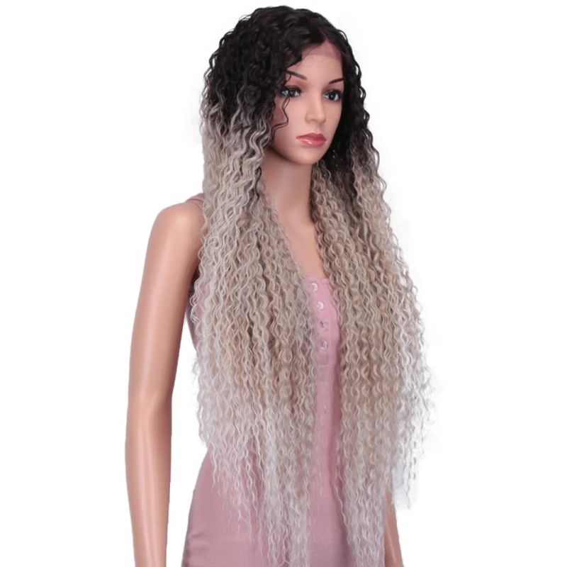 Kinky Curly Hair Brazilian Human Hair Lace Front Wig 30 Inch Long Hair Lace Front Wig Ombre Black Silver Double Tones Long Hair Wigs for Women