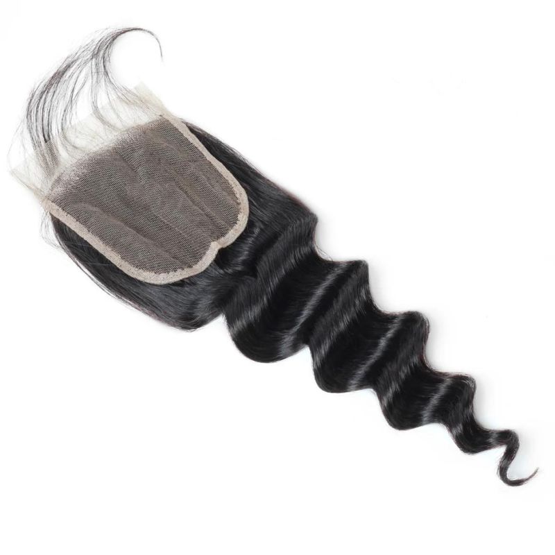 7A Virgin 4*4 Non-Remy Lace Frontal Closure Loose Deep Wavy Free Part Hair Weave #Black
