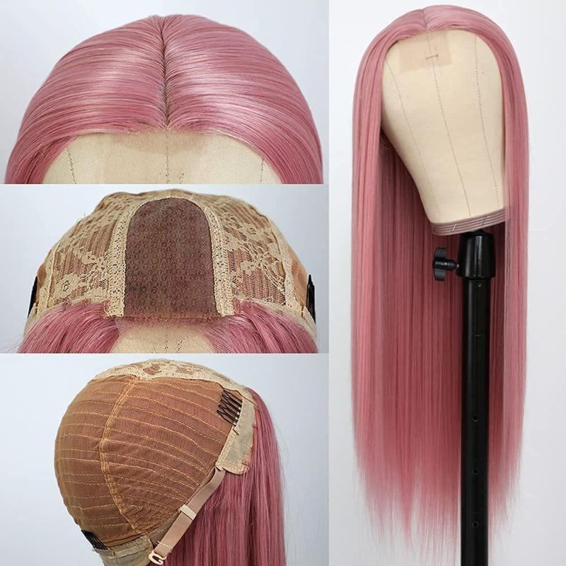 Lace Front Wigs, Long Straight Hair Peachpink Color Glueless Heat Resistant Fiber Hair Synthetic Lace Front Wigs