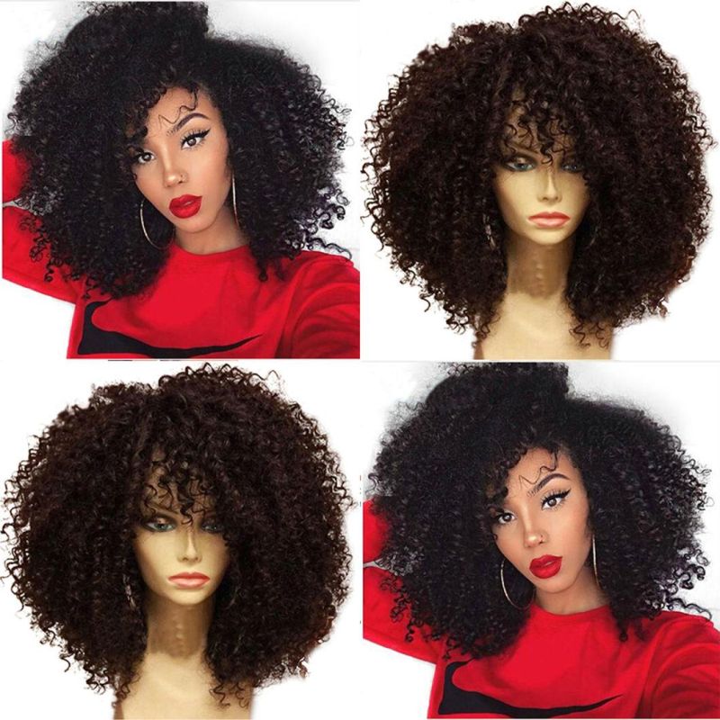 Afro Kinky Curly Lace Front 4X4 Human Hair Wigs for Black Women Short Glueless Brazilian Remy Hair with Bangs Pre Plucked with Baby Hair 16 Inches