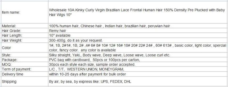 Wholesale 10A Kinky Curly Virgin Brazilian Lace Frontal Human Hair 150% Density Pre Plucked with Baby Hair Wigs 10"