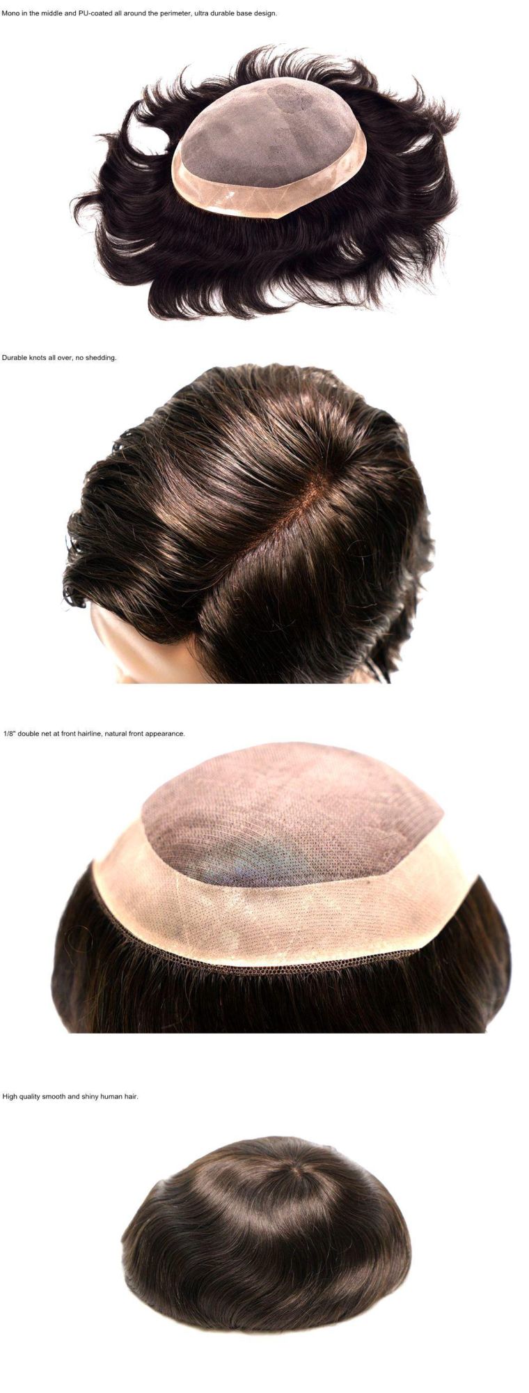 Mono with PU All Around Durable Remy Human Hair Men Toupee