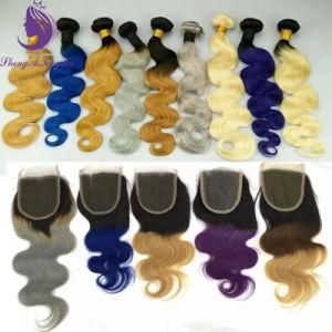 Body Wavy Ombre Color Human Remy Hair Weft with Lace Closure