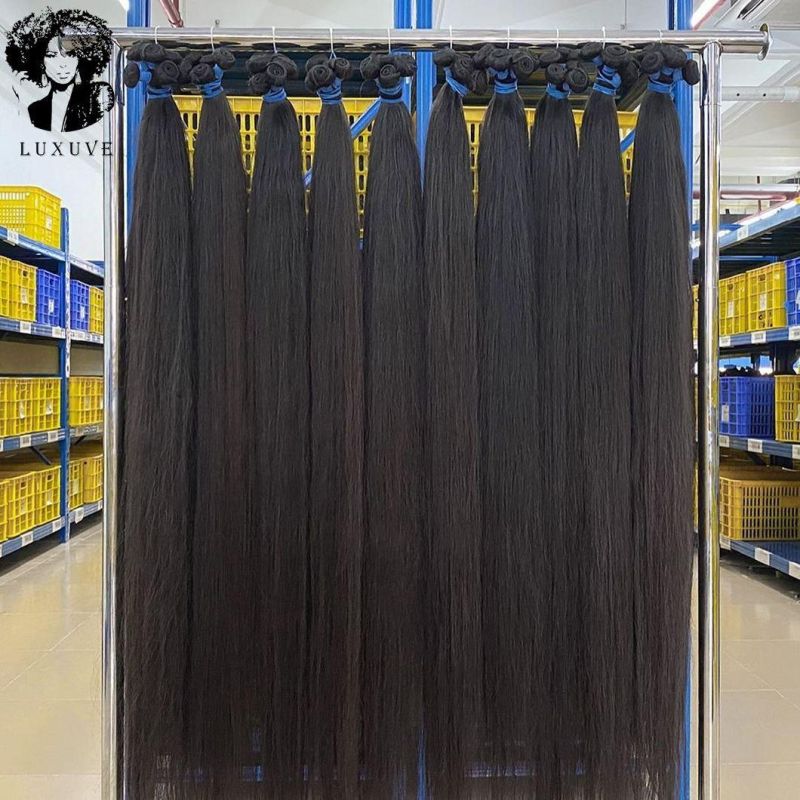 Luxuve Cheap 40 Inch Human Hair Virgin, 10A 12A Grade European Brazilian Human Hair Bundles, Beauty Stage Blue Rubber Band Hair Bundles