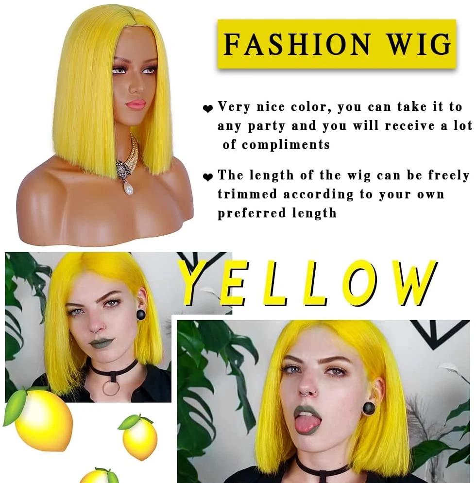 Yellow Bob Wigs with Bangs 10 Inch Yellow Straight Wig for Women Shoulder Length Girl′s Synthetic Colorful Hair for Halloween Costume Cosplay Wear