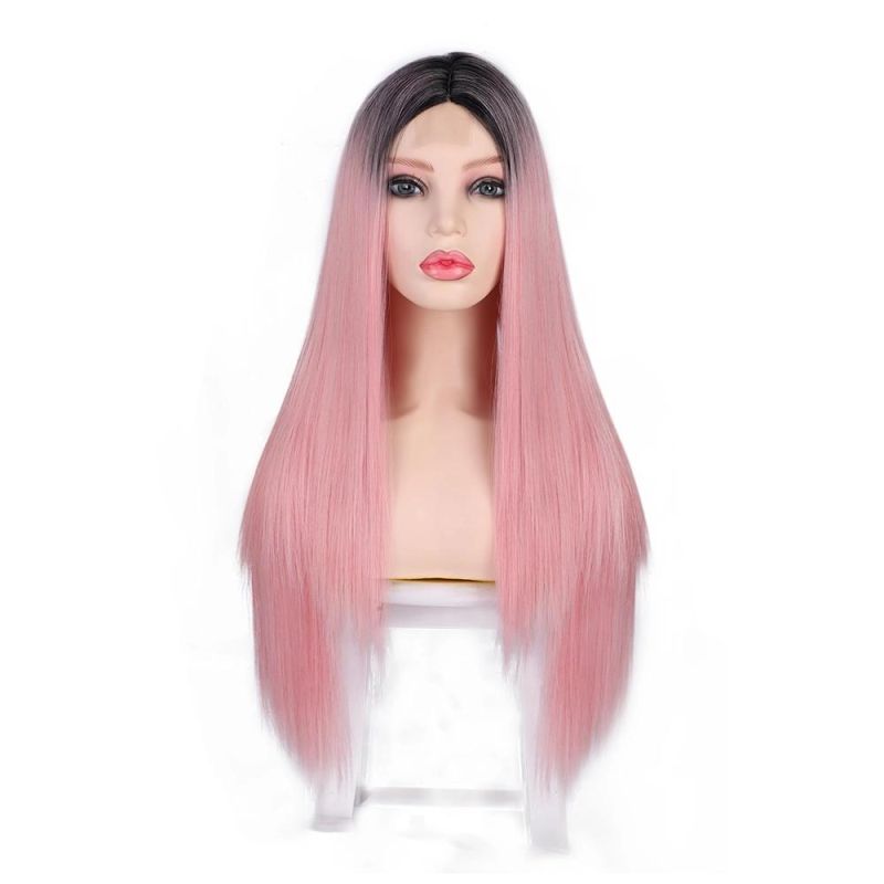 Wholesale Human Hair Ombre Pink Synthetic Long Lace Straight Wigs 26inch