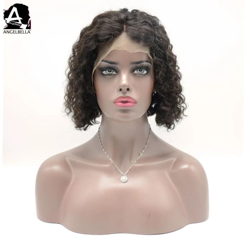 Angelbella Short Curly Human Hair Front Lace Wig Middle Part 180% Density Bouncy Lace Wigs