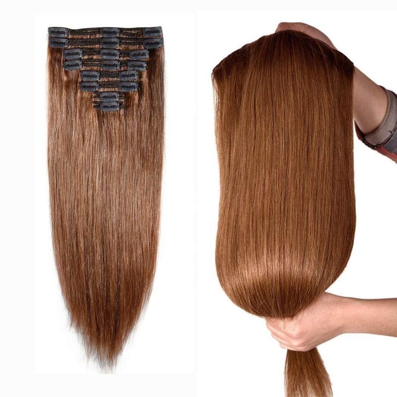 Kbeth Human Hair Extension Clip in for Black Women Gift 10-26 Inch #6 Light Brown Virgin Straight Double Weft Clip in 100% Remy Braided Human Hair Extensions