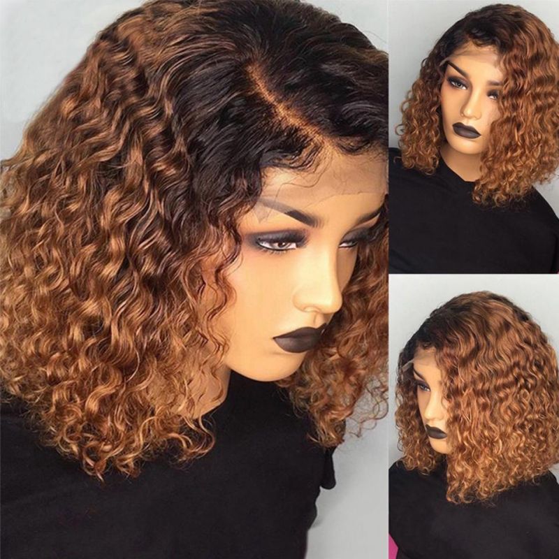 Brown 1b 27 Ombre Color Short Kinky Curly 100% Human Hair Lace Front Bob Wigs, HD Lace Frontal Curly Bob Wig with Highlights