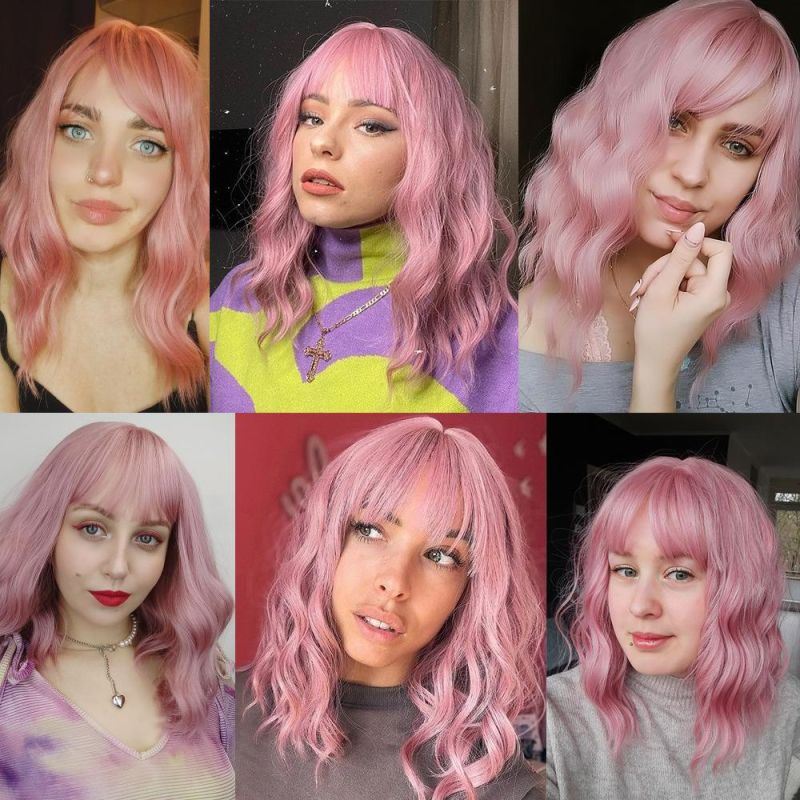 Freeshipping Synthetic Wigs for Women Short Curly Hair Pink Cosplay Daily Use Wig with Bangs Hheat Resistance Fiber Dropshipping Wholesale