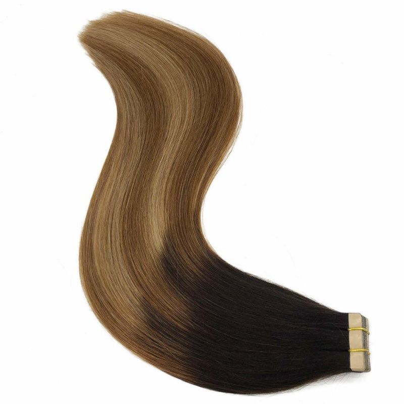 22inch Tape in Human Hair Extensions Balayage Dark Brown to Chestnut Brown and Dirty Blonde Ombre Remy Hair Extensions Tape in Straight Skin Weft 50g 20