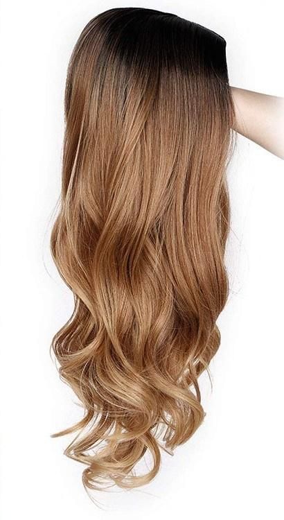 24inch Ombre Brown Synthetic Long Body Wavy Wigs for Women Water Wave Human Hair