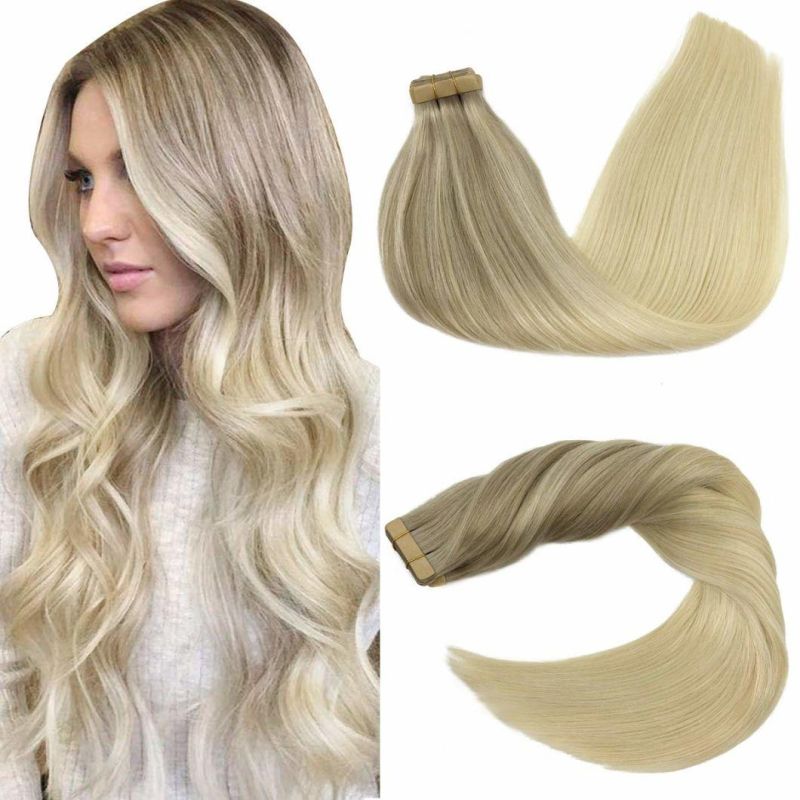Human Hair Extensions Tape in 20 Inch Ombre Ash Blonde to Golden Blonde and Platinum Blonde Tape in Hair Extensions Human Hair 20PCS 50g Remy Hair Extensions